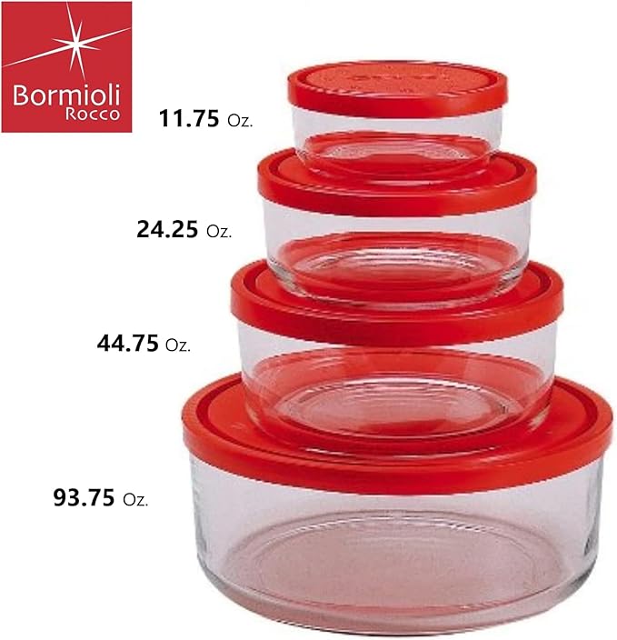 Bormioli Rocco Gelo 4pc Glass Storage Container/Food Storage Set with Red Lid (11.75 oz., 24.25 oz., 44.75 oz., 93.75 oz.)