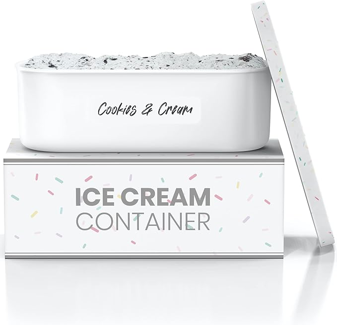 BALCI,Ice Cream Container,2 Quart,Perfect Reusable Freezer Storage for Homemade Ice Cream Tubs for Sorbet, Frozen Yogurt and Gelato!,Flexible Silicone Lids, Long Scoop, Stackable,White with Sprinkles