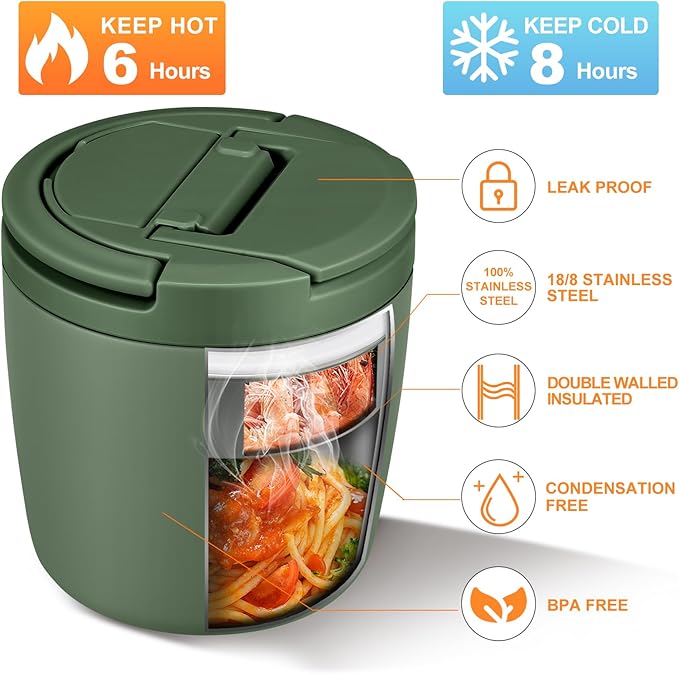 40oz Insulated Lunch Containers for Adults Soup Thermo for Hot Food Jar Wide Mouth Leak Proof Vacuum Stainless Steel Thermal Bento Box with Buckle Lid and Spoon