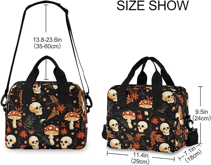 MNSRUU Insulated Lunch Bag Mushrooms Skull Women Men Fabric Dinner Tote Cooler Bag Reusable Leakproof Lunch Box with Adjustable Shoulder Handles Strap For Work School