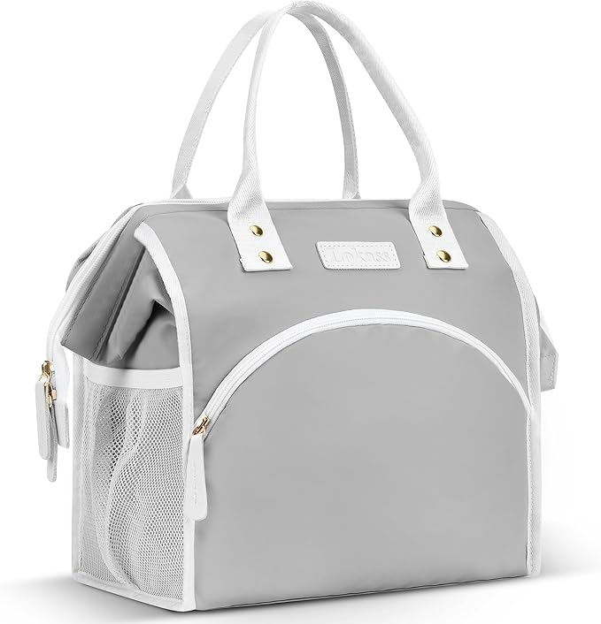 LOKASS Lunch Bag Women Insulated Lunch Box Wide-Open Lunch Tote Bag Large Waterproof Cooler Bag for Work Picnic Hiking Beach(Gray)