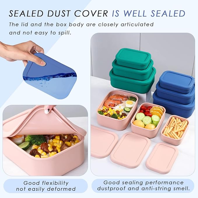 Silicone Food Storage Containers, Set of 3 Rectangular Bento Lunch Box Containers with Lids, Hard-Shell Silicone, Airtight, Microwave, Dishwasher and Freezer Safe (10oz, 23.6oz, 44oz)