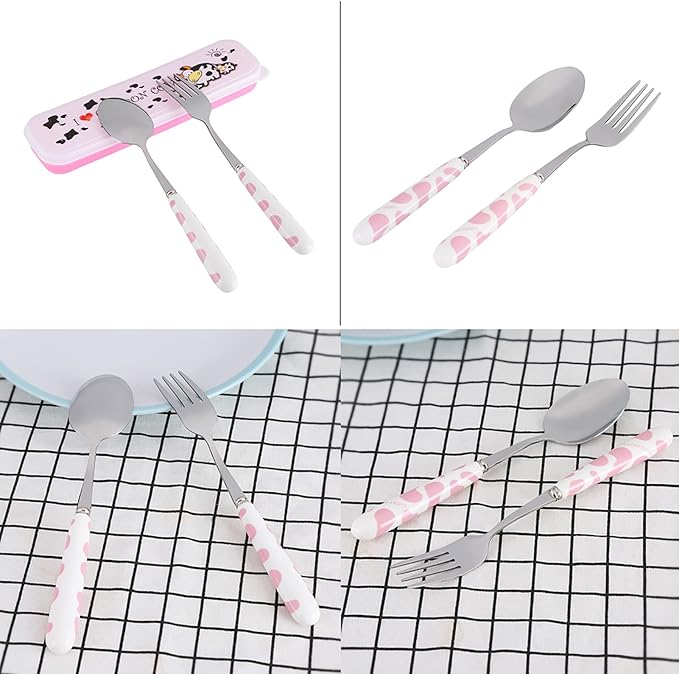 2Pcs Fork And Spoon Set, Cute Cutlery Set Stainless Steel Small Cutlery Travel Cutlery Set with Portable Storage Case for School Travel(Pink)