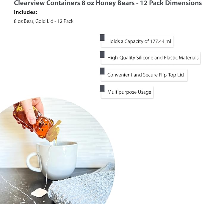 12 Pack of 8 Ounce Honey Bears with Sealable Gold Flip Top Lids (8 oz. Bear, 12pk, Gold)