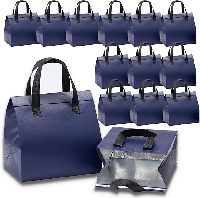 12 Pcs Insulated Take Away Bags, Disposable Lunch Bags For Food Takeaways, Coffee, Milk Tea, Seafood, Pizza, For Restaurants And Grocery Shops 9.5 x 6 x 10 In (Navy Blue)
