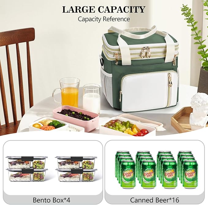 Lunch Box & Lunch Bag for Women Men, Large Insulated Adult Lunch Box Leakproof Lunchbox Cooler Bag for Work Picnic Beach,16L, Army Green & White