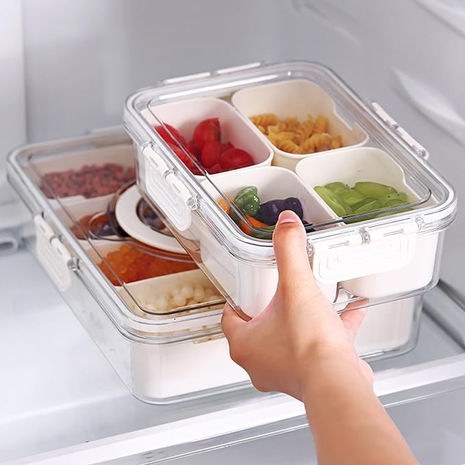 2PCS Plastic Divided Serving Tray with Lid Snackle Box Charcuterie Container Portable Snack Platters Organizer for Candy, Fruits, Snacks, Nuts, for Party, Entertaining, Picnic (8 Compartment)