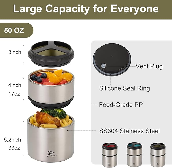 Lille Home 1500ml Thermos Food Flask, Vacuum Insulated Stackable Stainless Steel Thermal Lunch/Snack Box, 2-Tier Bento/Food Container with Lunch Bag