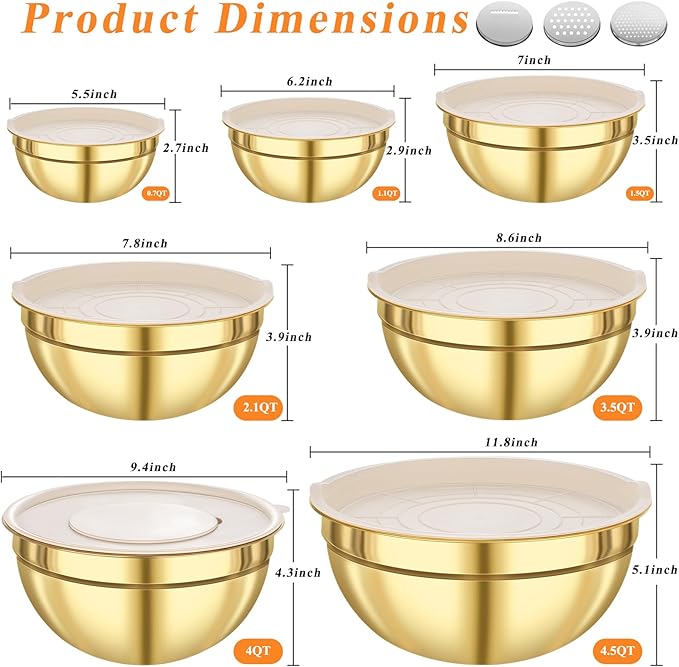 KesaPlan Mixing Bowls with Airtight Lids Set 7 PCS Stainless Steel Bowls with 3 Grater Attachments Nesting Metal Mixing Bowls,Size 4.5,4,3.5,2.1,1.5,1.1,0.7QT,Great for Mixing & Serving