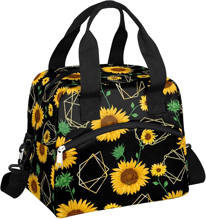 Pardick Sunflower Insulated Lunch Bag Flower Geometry Lunch Box for Women Girl with Shoulder Strap Tote Bag Reusable Large Containers Meal Prep for School Work Travel Picnic Thermal Cooler Bag
