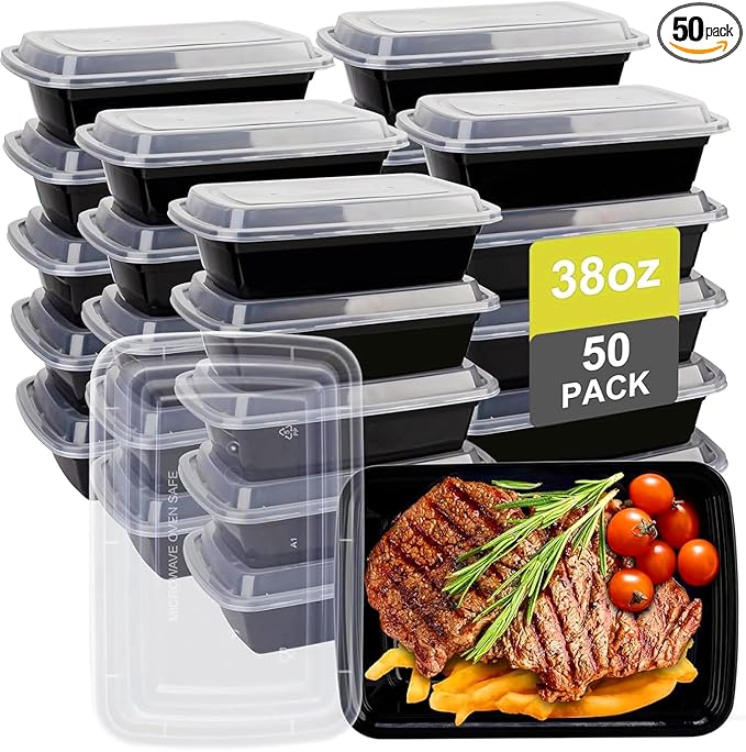 38oz Meal Prep Containers Reusable - 50 Pack Food Storage Containers with Lids - Plastic To Go Food Containers, Disposable To Go Container with Lids BPA Free, Microwave/Dishwasher/Freezer Safe