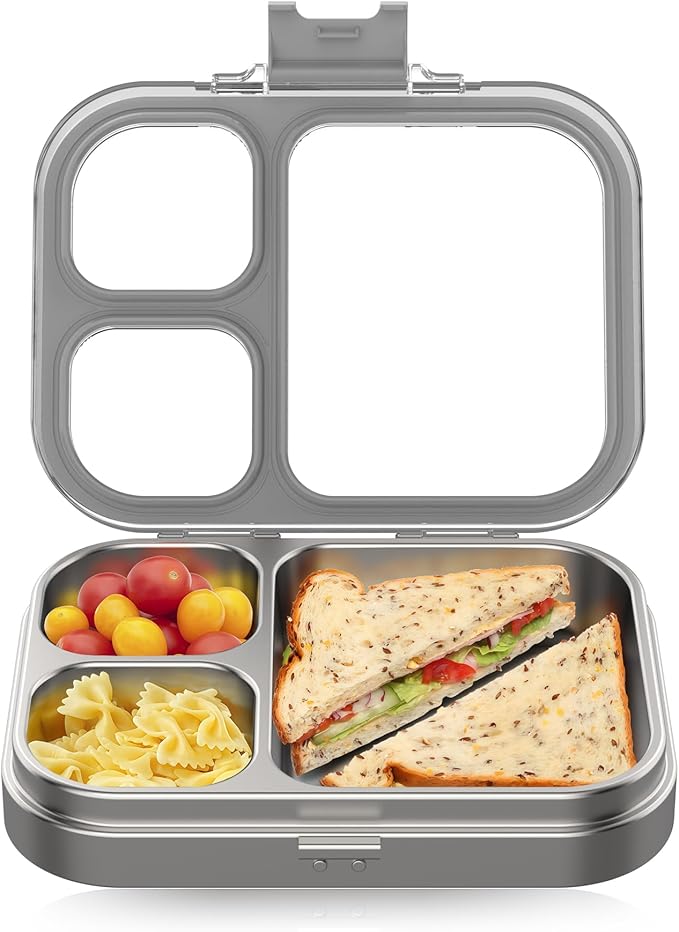 Stainless Steel Lunch Box, 3 Compartments Metal Bento Box for Kids Adults, Leak-Proof Lunch Box for School Office, Dishwasher Safe, BPA-Free, Tritan Lid, Grey
