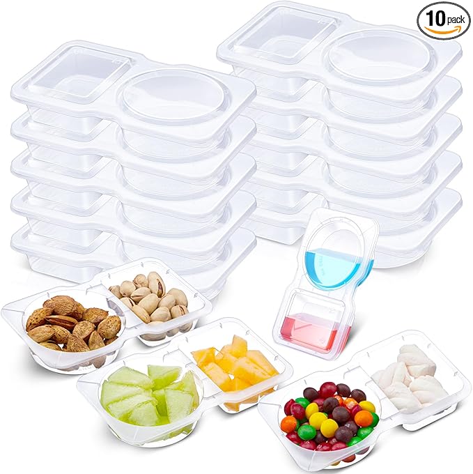 10 Pcs 5 oz Double Compartment Snack Containers with Lids Clear 2 Compartment Small Disposable Plastic Snack Box Container for Sauce Salad Travel Sampling