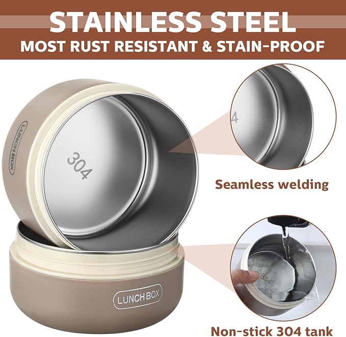 Dandat 4 Pcs Insulated Bento Box Portable Stainless Steel Food Container Round Microwave Safe Stackable Leakproof Thermal Food Container for Adult Men Women with Insulated Bag, 74 oz (Khaki)