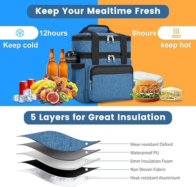 Insulated Lunch Bag & Lunch Box for Men - Double Deck Reusable Lunch Bag for Women Tote Cooler Bag Leakproof Soft Expandable - Extra Large Lunchbox for Work/Adult/Picnic/Outdoor (Blue,22L)