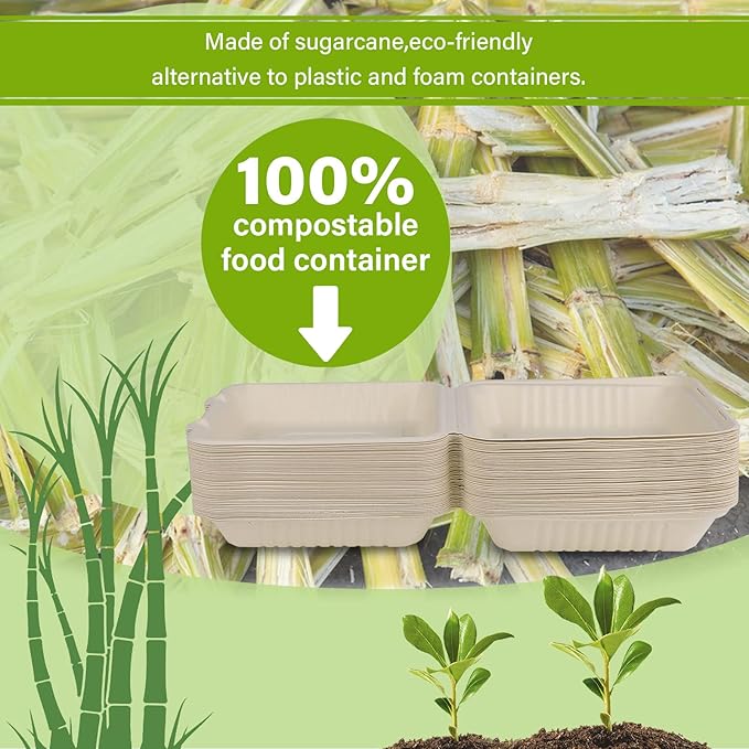greensight Clamshell Take Out Food Containers 8X8, 100 Pack Compostable To Go Containers, Disposable To Go Food Boxes, Eco-Friendly Made From Sugarcane Fibers