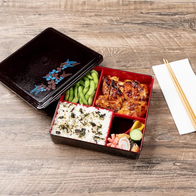 Restaurantware-8.3 x 2.2 Inch Compartment Lunch Container, 1 Japanese Style Adult Lunch Container - With 5 Compartments, Greaseproof, Black & Red Plastic Divided Lunch Box, For Hot & Cold Food