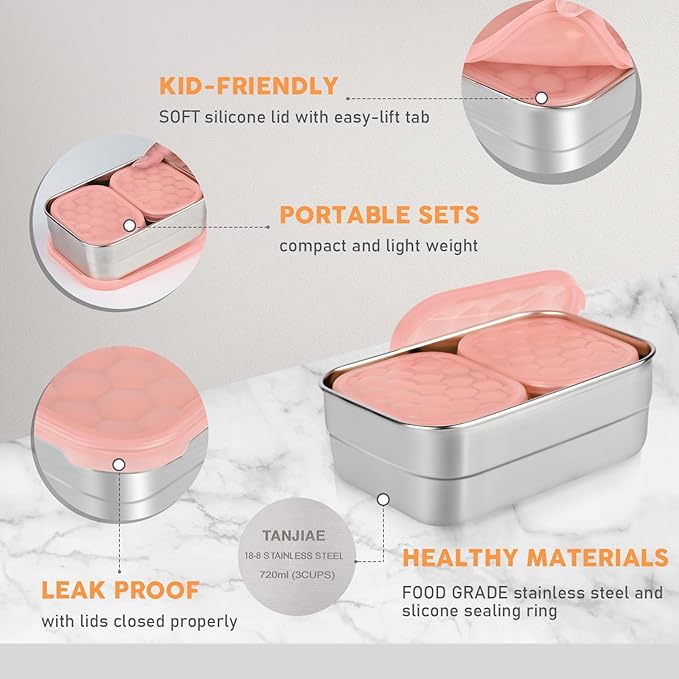 Small Stainless Steel Lunch Containers for Kids | Leak Proof Snack Containers with Silicone Lids - Perfect Metal Lunch Box with Lids for School and Daycare (25oz+8oz*2)