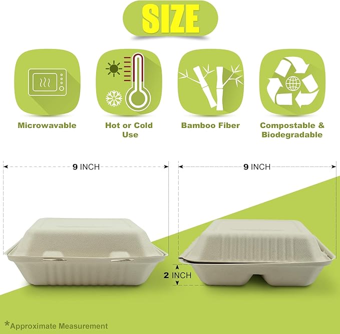 Green Earth, 9-inch, 50-Count, 3-Compartment, Compostable Clamshell, BAM Ware (Bamboo Fiber), Take-Out/to-Go Food Boxes - Biodegradable Containers, Hinged Lid Microwave-Safe Gluten-Free