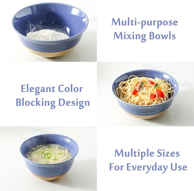 Hasense Ceramic Serving Mixing Bowls Set, 2.1/1.5/1.0 Qt Large Bowls for Cooking, Baking, Prepping, Soup, Stackable Salad Bowls for Kitchen, Holiday Gift, Set of 3, Purple