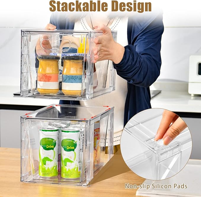 6Pack Stackable Kitchen Storage Organizer, Pantry Organizers and Storage, Clear Foods Organizer Bins with Handles, Easily Assemble for Bathroom, Kitchen, Pantry, Cabinet, Closet