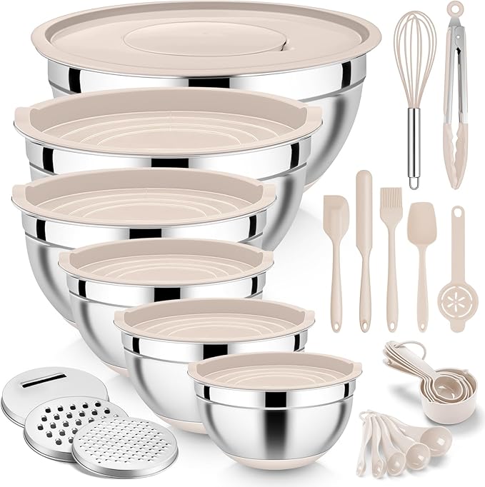 E-far 25PCS Mixing Bowls with Lid Set, Stainless Steel Nesting Prep Bowls with Grater Attachments Kitchen Gadgets Non-Slip Bottoms for Cooking, Serving, Food Storage, 4.6/2.6/2/1.5/1/0.7QT - Khaki