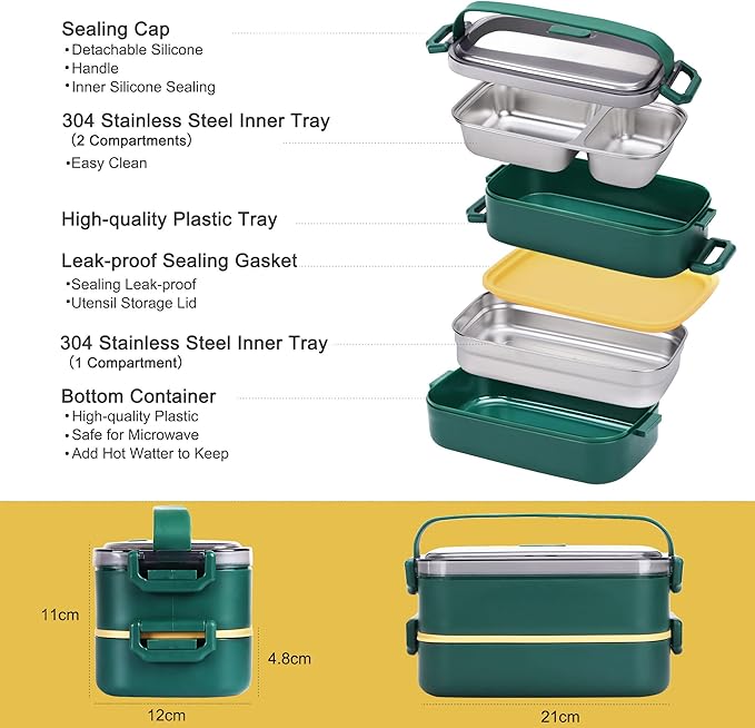Stainless Steel Bento Box for Adults&Kids,Japanese Leakproof Lunch Box Divided Food Meal Storage Containers Set Stackable 2 Layer for Children School Picnic Green
