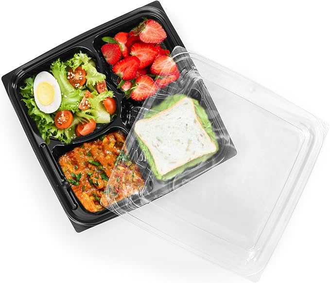 30 Pack (60-Pcs) Meal Prep Containers, 4 Compartment Bento Lunch Box with Lid, Disposable Plastic Food Storage To Go, 34oz Portion Control Take Out Box for Adult, Not Microwave Dishwasher Safe