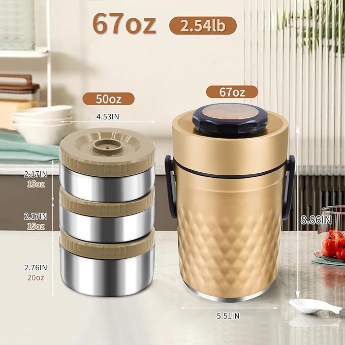 67oz Thermos for Hot Food, 3 Layered Stackable Insulated Lunch Box, Soup Thermos Jar Comes with an insulated bag, suitable for office lunches and outdoor dining, among other uses (Gold)