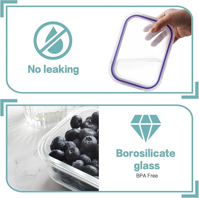 HOMBERKING 10 Pack Glass Meal Prep Containers, Glass Food Storage Containers with Lids, Airtight Glass Lunch Bento Boxes, BPA-Free & Leak Proof (10 lids & 10 Containers) - Purple