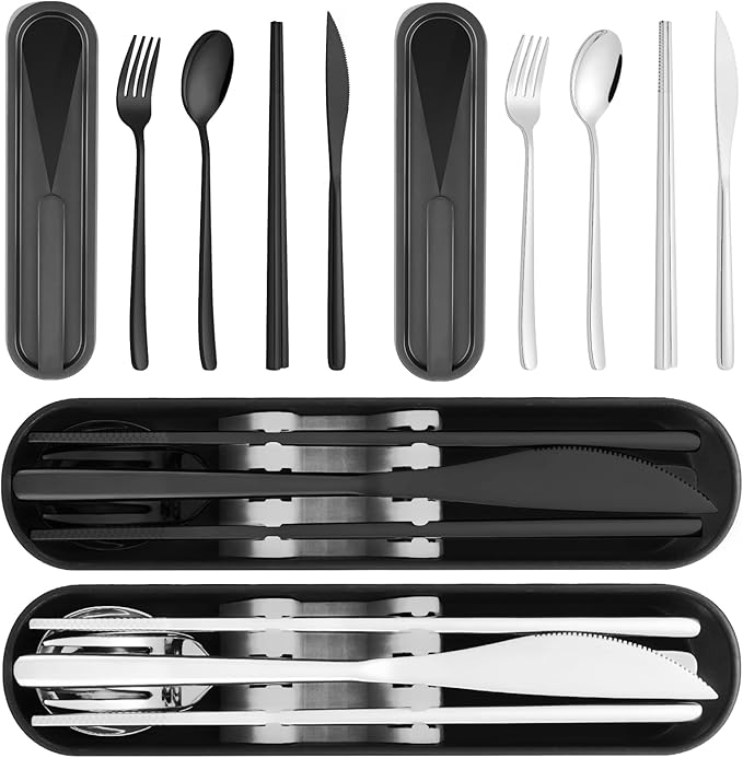 Travel Utensils with Case, PHILIPALA 2 Sets 18/8 Stainless Steel Reusable Utensils Set with Case, Travel Cutlery Set with Knife Fork and Spoon Chopsticks Set for Lunch Work Camping(Black, Sliver)