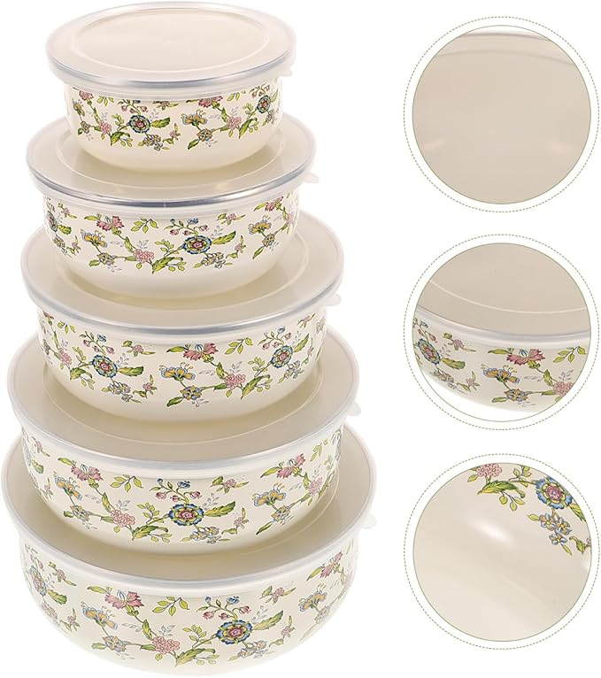 Hemoton 5pcs Enamel Mixing Bowls with Lids - Stackable Food Storage Bowls for Salad, Fruit, Soup - Retro Design for Home Use, 4.05 X 4.05 X 1.96 Inch