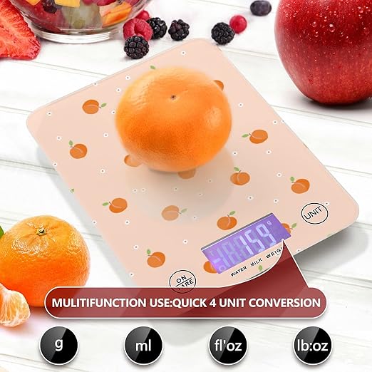 Food Scale Kitchen Digital Scale Food Ounces and Grams Dieting Baking Cooking Waterproof Glass Panels LCD Display,4 Units Scale Tare Function Peach
