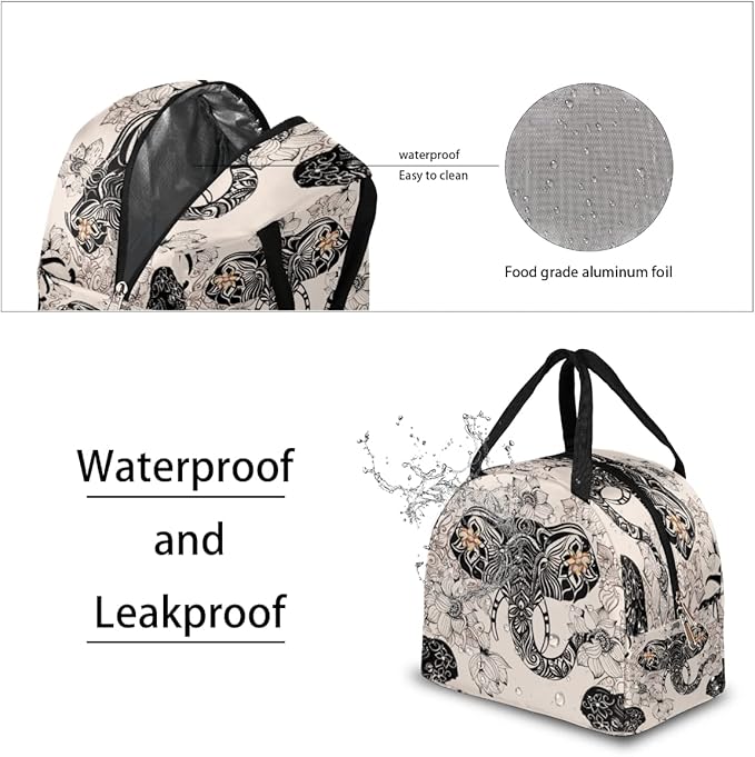 Insulated Lunch Bag for Women Men Elephant Ethnic Flower Waterproof Thermal Tote Bag Reusable Lunch Box Container Lunch Holder Leakproof Lunch Cooler Bag Picnic Travel Work