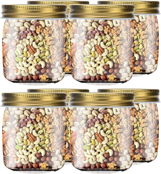 Novelinks 8 Ounce Clear Plastic Jars with Gold Lids - Refillable Round Containers, Storage Containers for Kitchen & Household - BPA Free (16 Pack)