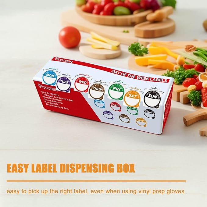 Label Stickers for Food Containers with Dispenser Box, Removable Day Dot Food Labels Peel Tab 7 Day of The Week for Home Freezer Restaurant Supplies Week Monthly Planners Meal Prep Accessory