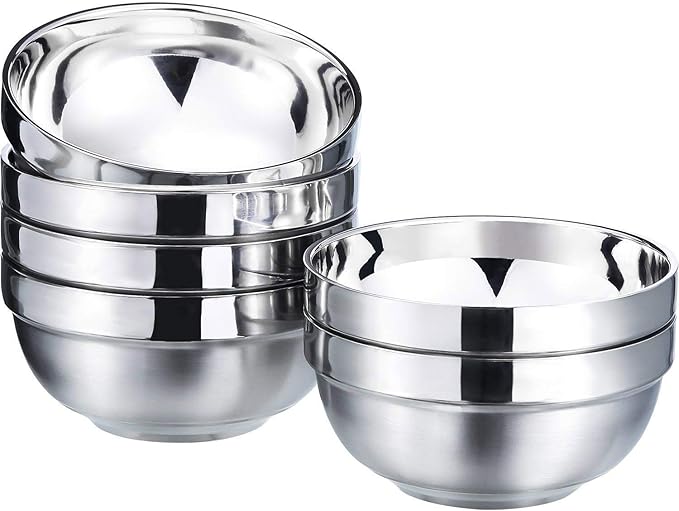 SATINIOR 6 Pack Stainless Steel Bowls for Kids and Adults Stainless Steel Cereal Bowls Double-walled Insulated Bowl Metal Snack Bowl