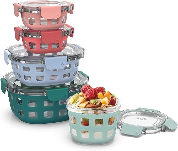 Ello Duraglass Mixed Meal Prep Sets Leak-Proof Glass Food Storage Containers with Silicone Sleeves and Airtight BPA-Free Lids, Dishwasher, Microwave, and Freezer Safe