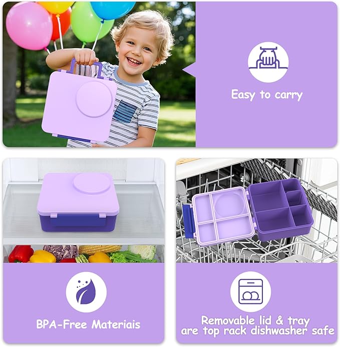 Bento Lunch Box for Kids with 12oz Soup Thermo, Leak-Proof Lunch Containers with 5 Compartments, Insulated Lunch Bag, Thermo Hot Food Jar with Spoon for Kids to School, Travel, Purple