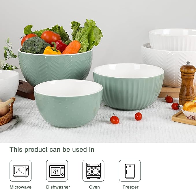 HAPPY KIT Ceramic Mixing Bowls Set, Serving Bowls Set For Kitchen,Large 5/3/1.5 Quart Bowl Set of 3, Prep Nesting Bowl for Baking and Mixing Salad,Avocado green
