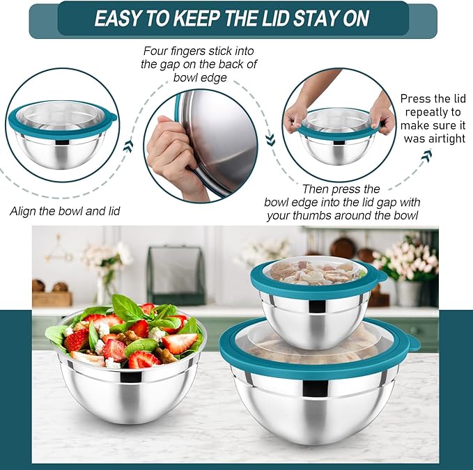 P&P CHEF Mixing Bowl with Lid Set, Stainless Steel Nesting Salad Bowls for Cooking Serving Prepping, Clear Lids & Stackable Design, Size 4.6, 3.5, 3, 2, 1.5, 1, 0.7 Qt - Blue, Set of 7