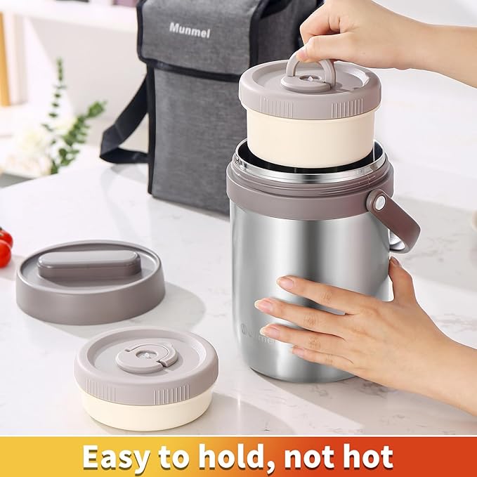 Adults Lunch Vacuum Soup Thermos For Hot Food with Inserts Stackable Bento Box Storage Container,Width Mouth Stainless Steel Portable Insulated Food Jar (silvery, 74 oz)
