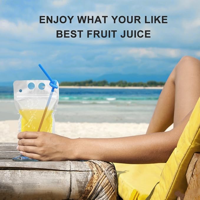 100 Pcs Drink Pouches with 100 Straw Holes, Freezable Juice Pouches, Translucent Reclosable Zipper Plastic Pouche Drink Bags for Cold & Hot Drinks for Adults and Kids