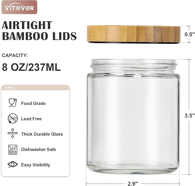 VITEVER 12 Pack Thick Glass Candle Jars with Bamboo Lids - 8 OZ, Bulk Clear Round Glass Candle Jars for Making Candles, Empty Food Storage Containers, Canning Jars for Spice, Powder, Liquid