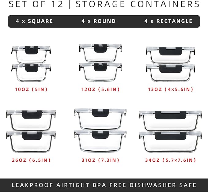 12 Pack Glass Meal Prep Containers with Airtight Lids, Leak-Proof Food Storage Containers, Dishwasher/Microwave/Oven/Freezer Safe Glass Containers for Lunch, Leftovers, to Go (Grey)