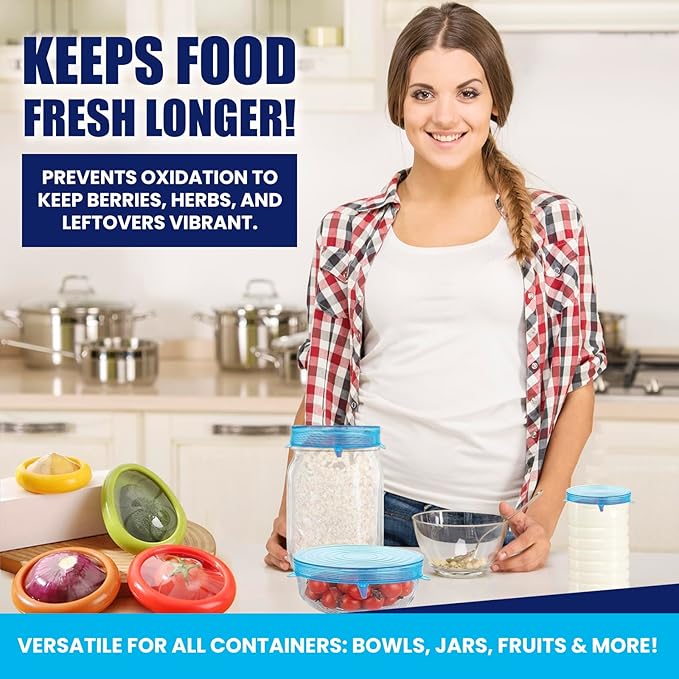 Fresh Guard - Set of 4 Reusable Storage Containers for Fridge - Anti-Oxidation - Avocado Saver and Tomato Holder + 6 Reusable Silicone Stretch Lids - Airtight, Leak-Proof for Bowls, Jars, Cans