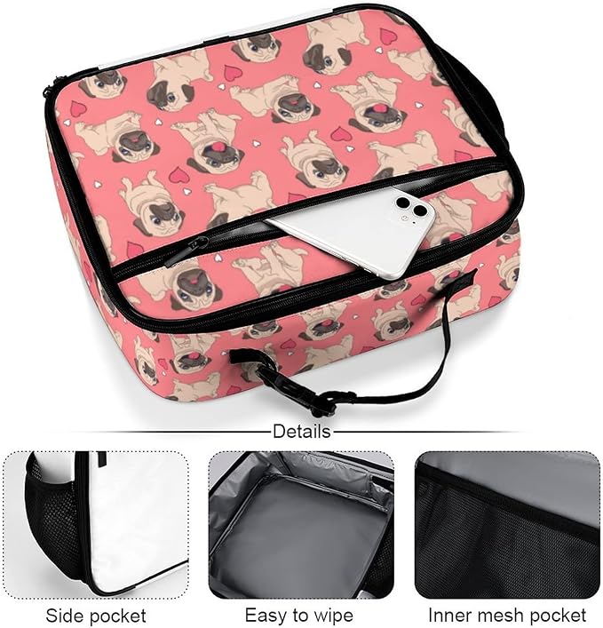 Pugs Puppies Reusable Lunch Box Insulated Lunch Bag Cooler Bag Lunchbox Meal Food Container Tote Bag for Women Kids Girls School Camping Hiking Picnic Beach Travel