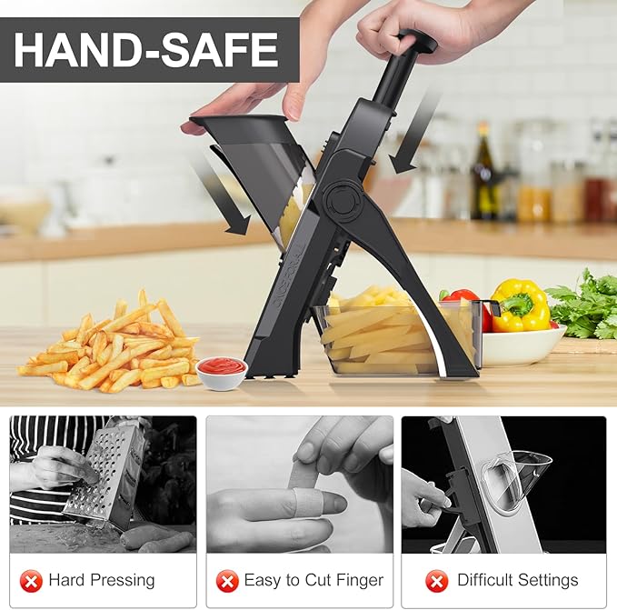 5 in 1 Safe Mandoline Slicer for Kitchen, Safe Vegetable Chopper, Paring Knife, Adjustable Thickness, Easy to Clean, Vegetable Slicer, Slicing, Strips, Shredding, Dicing, Chop (Black Knight)