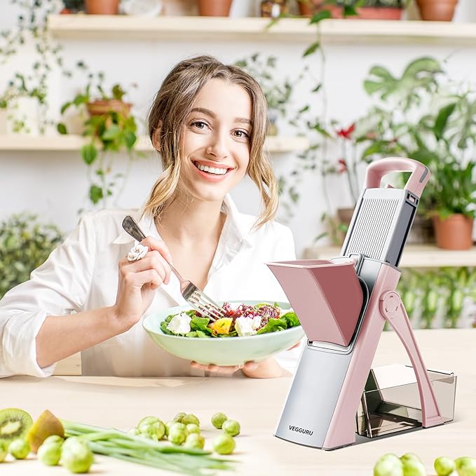 Safer Vegetable Slicer for Kitchen, Thickness Adjustable Mandloline Food chopper, Onion Chopper Potato Julienne Slicer Tomato Dicer Cutter, Kithcen Food Fruit Slicer (Pink)