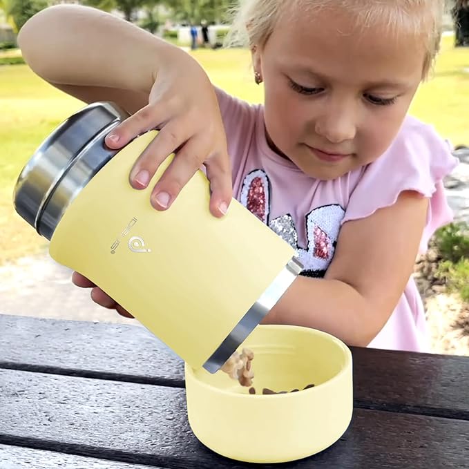 Ideus 20 oz Insulated Soup Thermo with Foldable Spolk and Bowl, All-in-one Stainless Steel Vacuum Thermal Food Jar for Lunch, Leakproof Bento Lunchbox Portable Soup Container (Light Yellow)
